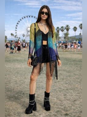 CHICO’S Vintage Beaded Fringe Cover‎ up kimono for festivals concert outfits Y2K
